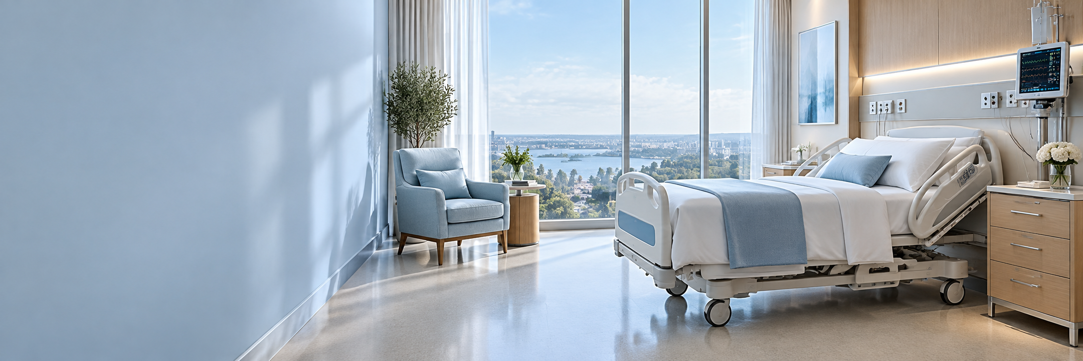 Minh họa nội thất phòng chăm sóc sang trọng với giường bệnh và thiết bị